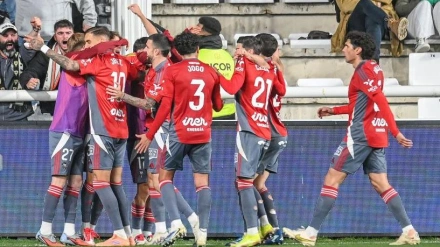 Los jugadores del Albacete celebran su victoria frente al Burgos