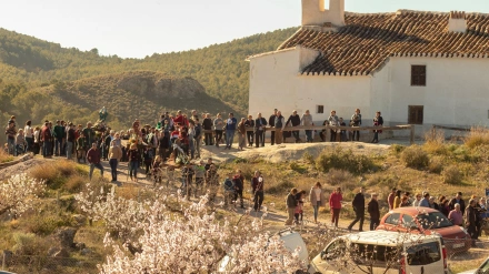 Imagen de la tradicional romería de El Pradico junto al la ermita y con la figura de San Antón en procesión
