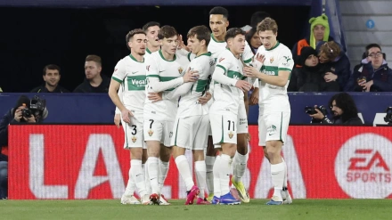 Álvaro Rodríguez celebra el 0-1 del Elche contra el Levante
