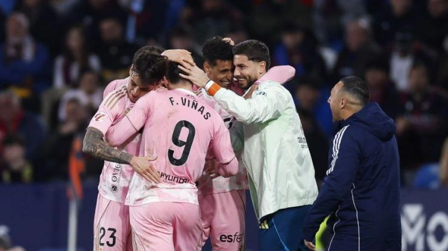Los jugadores del Oviedo celebran el gol del Viñas contra el Levante