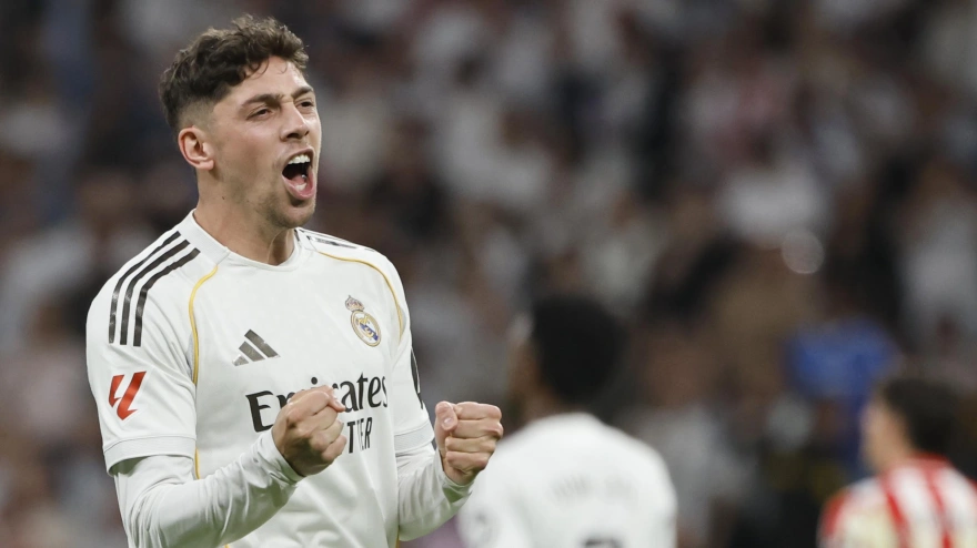 Valverde celebra su gol, en el Real Madrid - Girona