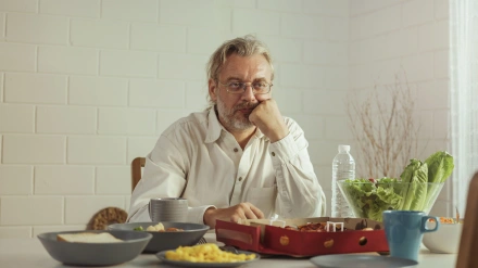 Un abuelo mayor jubilado se queda en casa con cara triste sentado solo en la mesa de comer en la casa