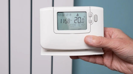 Un hombre sostiene un termostato para medir la temperatura de la casa