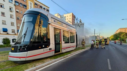 Empleados de Tussam, Bomberos y Policía Local trabajan en el lugar del siniestro
