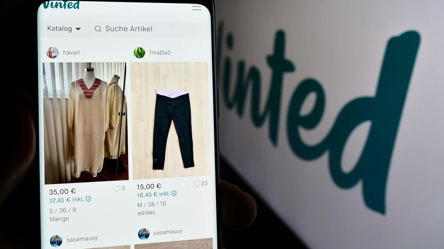 Persona sosteniendo un teléfono móvil con la página web de la empresa de mercado de segunda mano en línea Vinted delante del logotipo