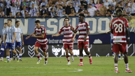 Imagen de la celebración de uno de los goles del Granada ante el Málaga