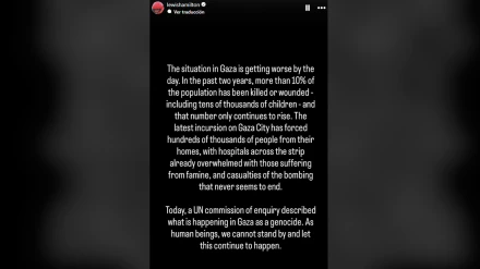 Comunicado de Lewis Hamilton sobre la situación de Gaza en sus redes sociales