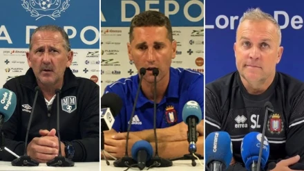 Palomeque, entrenador del CF Lorca Deportiva en el curso 17/18, Ibán Urbano entrenador de los lorquinos en la temporada 20/21 y el actual técnico Sebas López
