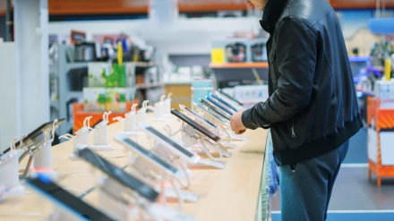 Un hombre mira terminales móviles en una tienda de telefonía