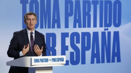 El presidente del PP, Alberto Núñez Feijóo, durantre el acto donde ha presentado su Plan de Inmigración
