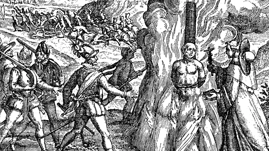 Ejecución de un convicto en la pira funeraria en Cuba grabada por Bartolomé de las Casas