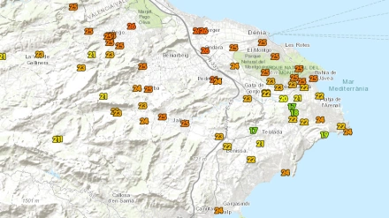 Mapa de temperaturas registradas esta mañana en la Marina Alta, según datos de AVAMET. Varias localidades superaban ya los 25 grados antes del amanecer