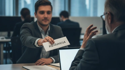 Un joven presentando su renuncia a su jefe en una empresa