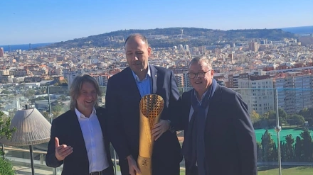 Escudé, Berni y Cuscó posan en la azotea del Hotel Gran Meliá Torremelina tras la presentación del torneo.