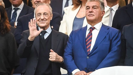 Joan Laporta y Florentino Pérez, juntos en el palco del Bernabéu en el Clásico de hace un mes.
