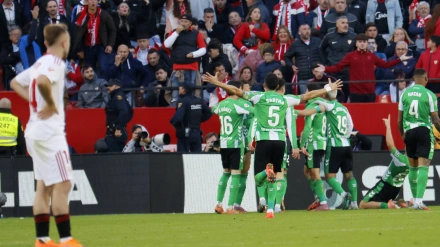 Los jugadores del Betis celebran el gol de Fornals ante el Sevilla