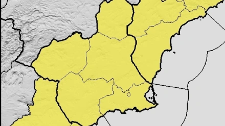 Mapa de la Región de Murcia con todas las comarcas en alerta amarilla