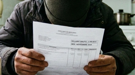 Una persona irreconocible que mira una nómina que cobra un salario bruto de 2.300 euros al mes