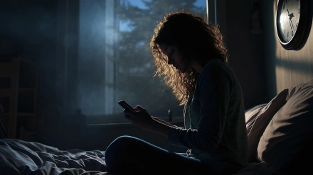 Mujer con insomnio y falta de sueño lucha en su habitación por la noche.