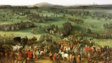 La batalla de dos días de Nördlingen, una de las principales batallas de la Guerra de los Treinta Años, comenzó el 5 de septiembre de 1634. Reproducción histórica restaurada digitalmente de un original de la época.