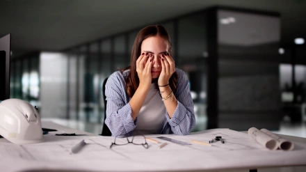 Mujer con picazón en los ojos y dolor de cuello sufre en el trabajo