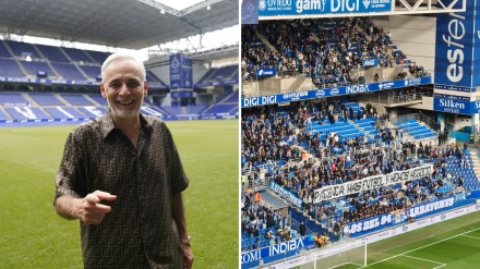 Jesús Martínez, en el Carlos Tartiere, y la pancarta contra la gestión de Pachuca