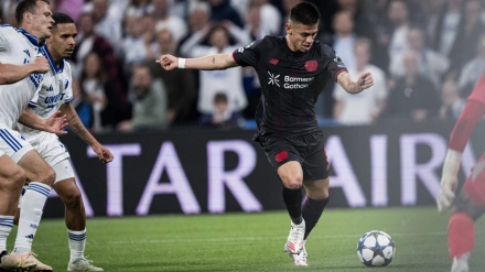 Claudio Echeverri, Bayer Leverkusen in action during the UEFA Champions League match between FC Copenhagen and Bayer 04 Leverkusen at Parken in Copenhagen on Thursday, September 18, 2025.
