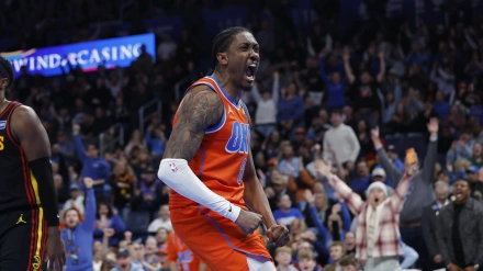 Jalen Williams celebra la victoria ante los Hawks de esta madrugada.