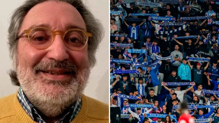 Emilio Pérez de Rozas, y la afición del Espanyol durante un partido en el RCDE Stadium