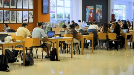 Estudiantes universitarios preparando sus exámenes en la biblioteca