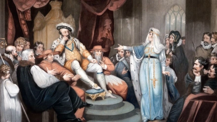 Catalina de Aragón defendiendo su causa matrimonial frente a Enrique VIII, deseoso de divorciarse