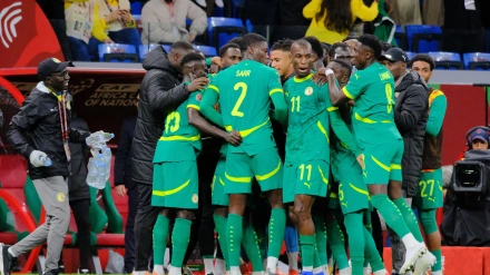 Jugadores de Senegal celebran uno de los goles durante la Copa África