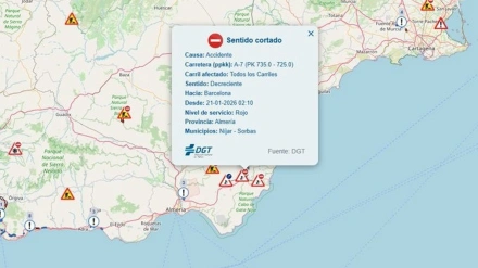 Cortada la autovía A-7 en Sorbas (Almería) por un accidente entre dos camiones.La autovía A-7 permanece cortada al tráfico entre los kilómetros 725 al 735 por un accidente entre dos camiones registrado en la madrugada de este miércoles 21 de enero a la altura de la localidad almeriense de Sorbas.POLITICA ANDALUCÍA ESPAÑA EUROPA ALMERÍADGT