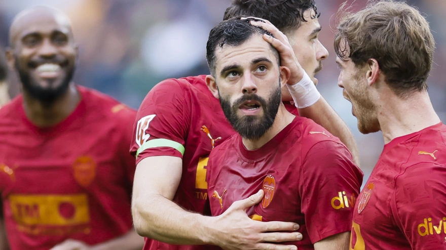 Luis Rioja celebra el gol marcado ante el Betis