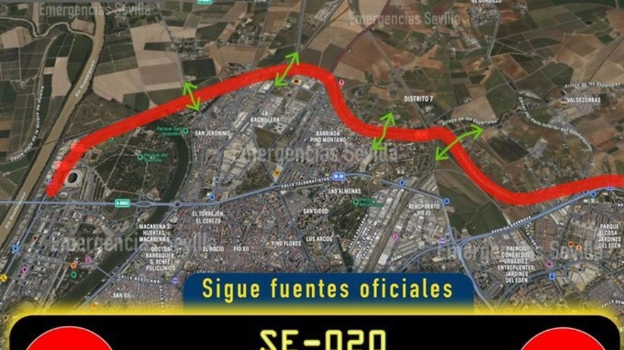 Corte total de tráfico de la SE-20 en ambos sentidos ante la crecida del arroyo Miraflores