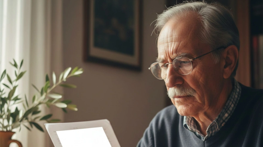 Un jubilado mira un papel en el que está su nómina donde viene su pensión de jubilación