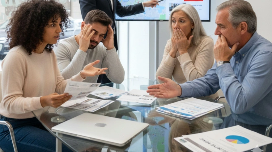 Una pareja joven con sus padres en una inmobiliaria de España mientras buscan un piso para comprar lamentándose porque los precios son demasiado altos