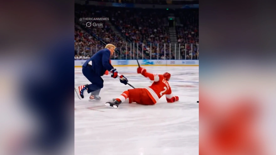 Donald Trump echa sobre la pista a un jugador canadiense durante el delirante vídeo hecho con IA en el que figura como jugador de Estados Unidos