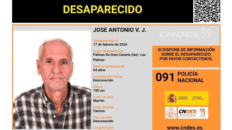 José Antonio V.J., de 64 años, desaparecido en Las Palmas de Gran Canaria desde el 17 de febrero.La Policía Nacional ha solicitado este martes colaboración para localizar a José Antonio V. J., de 64 años, y que lleva desaparecido desde el 17 de febrero de 2026, en Las Palmas De Gran Canaria.SOCIEDAD ESPAÑA EUROPA ISLAS CANARIAS AUTONOMÍASPOLICÍA NACIONAL