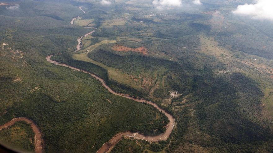An aerial view of a river in Kenya's Great Rift Valley