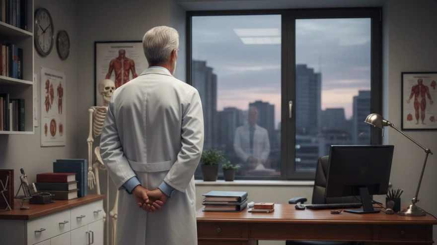 Un médico de unos 64 años de espaldas en su consulta