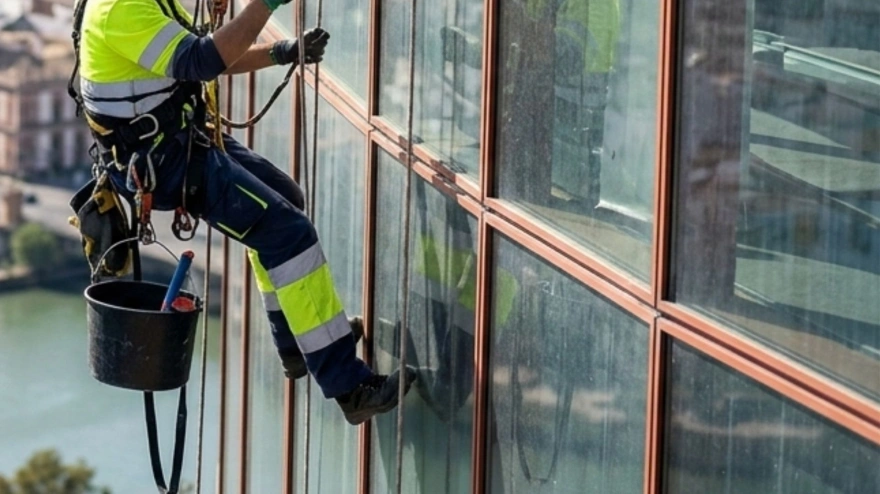 Un técnico en trabajo vertical colgado de la Torre Sevilla de Sevilla