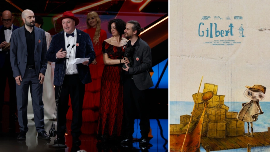 A la izquierda, entrega del Goya al Mejor Cortometraje de Animación 2026 por 'Gilbert'; a la derecha, el cartel de la cinta