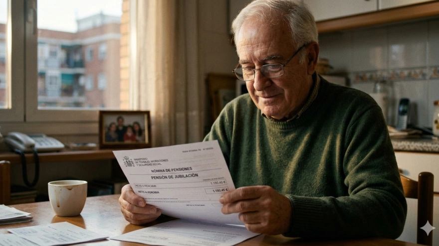 Un jubilado mira un papel en el que está su nómina donde viene su pensión de jubilación