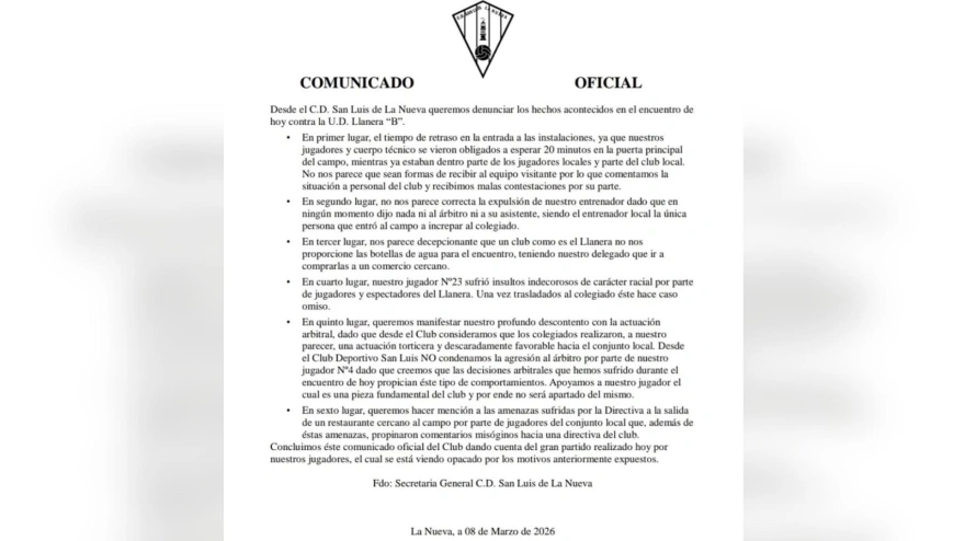 Imagen del comunicado del CD San Luis de La Nueva
