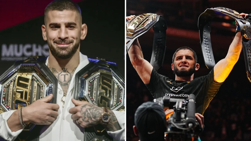 Ilia Topuria doble campeón de la UFC (Izq) y Islam Makhachev doble campeón de la UFC