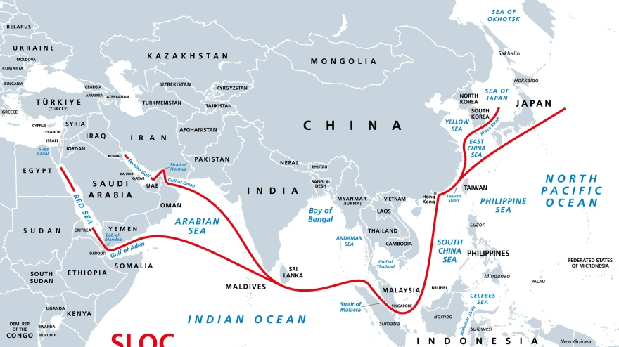 Mapa político de las principales rutas marítimas de comunicación energética del Indo-Pacífico. Líneas marítimas de comunicación de importancia geopolítica.