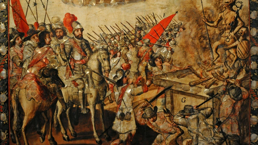 La conquista de México. Autor anónimo. Tabla, óleo, nácar. Escenas de la conquista y de Hernán Cortés ordenando quemar y destruir los ídolos. 1676-1700