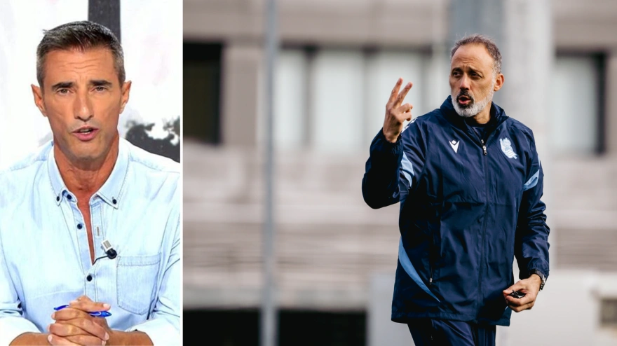 Joseba Larrañaga, presentador de El Partidazo de COPE, y Rino Matarazzo; durante un entrenamiento en Zubieta