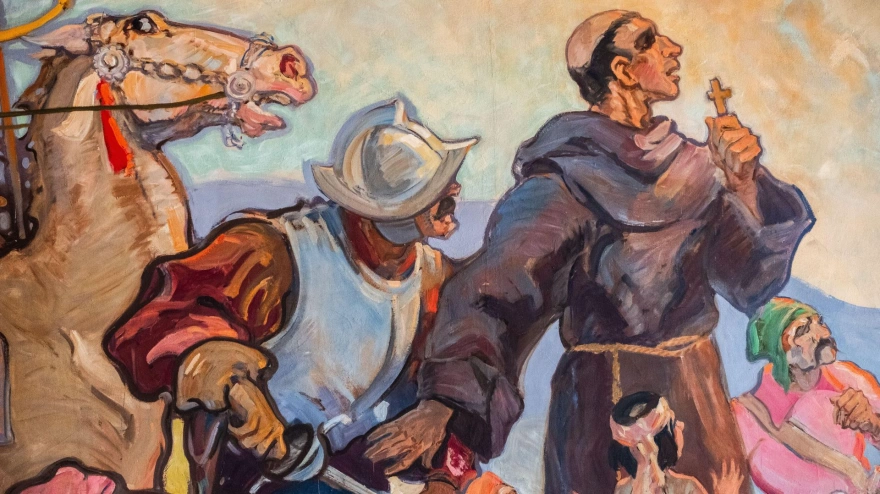 Detalle de un mural de Dan Sayre Groesbeck en el Palacio de Justicia del Condado de Santa Bárbara, California, EE. UU., que representa la llegada de los españoles a California.